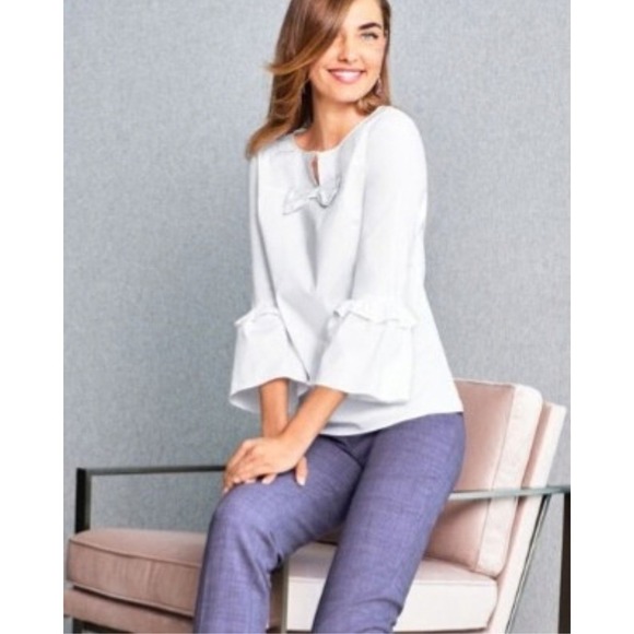 Talbots Tops - Talbots Blouse Women's 2X White Bow Detail 3/4 Bell Sleeve Pearl Button Coquette